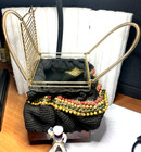 Vintage Metal Cage Top Beaded Fabric Sack Purse handbag   Unique   6  X 5 1 2 