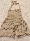 Crochet Sleeveless Romper Newborn Beige Acrylic Solid Bow Ruffle 1-piece