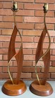 Pair Vintage Mcm Brass Wood Walnut Lamps Mid Century Modern Lighting 50s 60s