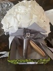 Artificial White Rose Wedding Bouquet  Gray Ribbon  Rhinestone Accent