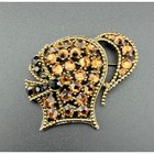 Weiss Brooch Vintage Amber Topaz Black Rhinestone Knight Helmet Brass Tone Read