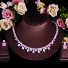 Women Pink Cubic Zirconia Wedding Jewelry Set Silver Plated Cz Earrings Necklace
