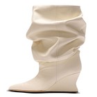 Runway Womens Pointed Toe Slouch Pleated High Wedge Heels Mid Calf Boots Fashion