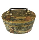 Vintage Decoupage Sewing Basket Victorian Scene Paisley Lined Lucite Handle