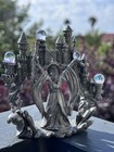 Vintage Pewter Style Wizard Castle Figurine 4 Iridescent Crystal Orbs Fantasy
