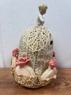 German Antique Porcelain Half Doll Pin Cushion Face Puff Holder W lace Gown