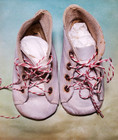 Antique  High Top All Leather Infant Shoes With Striped Laces For Baby Dolls