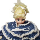 Vintage Crochet Bed Pillow Dresser Doll Blue Dress Sleepy Blue Eyes Plastic