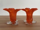 Pair Of Hand-blown Glass Orange Blossom With Leaf Shaped Base Candle Holders