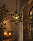 Vintage Moravian Star Pendant Light Blue Green Stained Glass Hanging Lantern