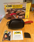 New In Box Lodge Square Cast Iron Grill Pan 10 5 Inch W  Silicone Holder Scraper