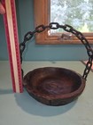 Vintage Hand Carved Wood Basket Rustic Chain  Primitive Folk Art Bowl Spain Rare