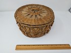 Vintage Hand Woven Wood Splint Lidded Sewing Basket - Fancy Curl Work Sage Green