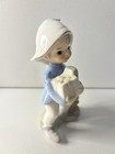 Vintage Rare Gnome Pixie With Gifts By A Mushroom Porcelain Rare Blue White Tan