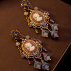 Vintage Cameo Drop Earrings Purple Rhinestone Gold Tone Victorian Statement