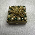 Flower Vtg Gold Tone With Faux Pearl Green Rhinestones Pill trinket Box J101