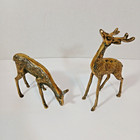 Vintage Solid Brass Deer Pair Stag   Grazing Doe Figurines 8 75  6  Mcm Xmas
