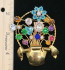 Vtg Signed Vogue Multicolor Rhinestone Flower Basket Spray Gold Tone Brooch Pin
