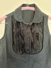 Women   s Black Satin Sleeveless Collared Button Front Blouse Ruffle Bib S Cotton