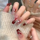 3d Glossy Long Coffin False Nails With Pearl Rose Fake Nail Red French Tips