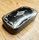 Antique Papier M  ch   Snuff Box Tin Lined Black Lacquer Gold Stars Trinket Box