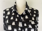 Love Note Black Button Tie Top M Cats Wearing Glasses Roll Tab Slv Whimsical Fun