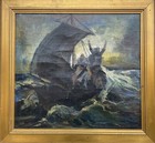 Antique Oil Painting Sailboat In Stormy Sea In Distress 60x56 5cm