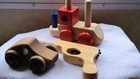 Vintage Wooden Toy Lot 3pc - Pfeifer Car  Rubber Band Gun Pistol  Stacking Train