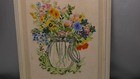Vintage Large Crewel Embroidery Art Floral Framed Flower Bouquet Abt 24x21 Inch
