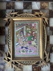 Beautiful Antique China Gold Leaf Foil Village Painting With Bamboo Frame