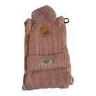 Ugg Australia Cable Knit Beanie   Scarf Set Pink Faux Fur Pom Nwt