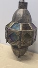 Vintage Moroccan Lantern Stained Glass  Metal  brass  Candle Holder Hang 15   tall