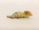 Owl Pin Brooch Rhinestone Eyes Yellow Orange Teal Feathers Silver Metal Cute