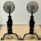 Vintage Virginia Metalcrafters Black Cast Iron   Brass Medallion Andirons - 1018
