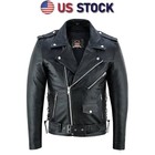 Men s Motorcycle Leather Jacket Genuine Buffalo Skin Black Marlon Biker Jacket