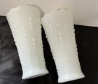 2 Vintage Anchor Hocking Teardrop   Pearl Scalloped Milk Glass Vases 7 Inches