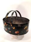 Sewing Tin Oval Vintage Double Handled Metal Black W  Florals England 1960s -lid