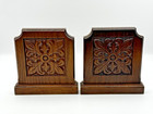 Decorative Carved Brown Wood Floral Bookends 6 5    Metal Slides Vtg Set Of 2