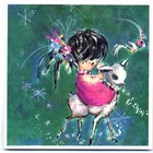 Unused Vintage Christmas Greeting Card Pixie Girl Riding White Fawn Deer Mcm Mod
