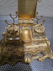 Antique Brass Gold Plated Letter Holder With Dual Ink Wells 6  Tall X 6 5  Wide