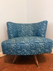 Pristine 1950s Mid-century Swivel Tub Chair   Teal Floral Jacquard Frieze