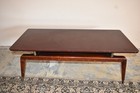 Mid Century Modern Coffee Table 2 Tier Floating Top Brass Supports 42  Walnut