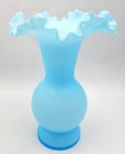Antique Hand-blown Blue Opaline Ruffled Edge Vase  Made In Germany