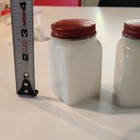 Vintage 1920-49 White Milk Glass Salt   Pepper Shakers Red Metal Lids Set 2