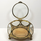 Vintage Gold Filigree Ormolu Jewelry Casket Trinket Box 5 Sided Beveled Glass