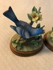 Beautiful Porcelain Two Bluebirds With A Brown Wooden Base Signed