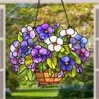Beautiful Hanging Stained Glass Panel Purple Pansy Flowers For Window Decoration