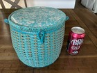 Vintage Round Woven Wicker Sewing Basket Box W Handle-blue Floral Japan