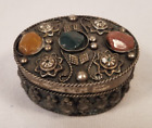 Vintage Mini Jewelry Pill Trinket Box With Natural Stones Silver Tone Filigree
