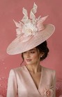 Pink And Cream Wide Brim Fascinator With Crinoline Twists  Bow To Match   Pearls